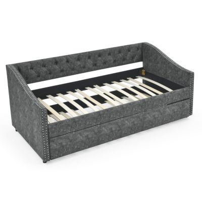 Tufted Upholstered Twin Daybed with Trundle, Grey