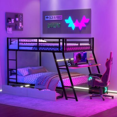 Full Size Metal Bunk Bed With Built-In Desk, Light And 2 Drawers