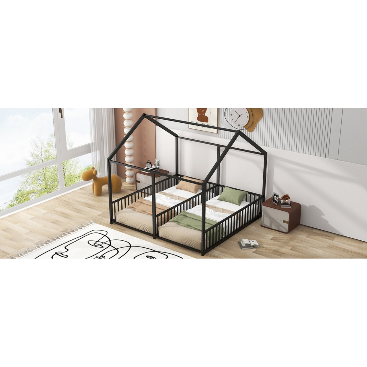 Simplie Fun Metal Twin House Platform Beds, Two Shared White