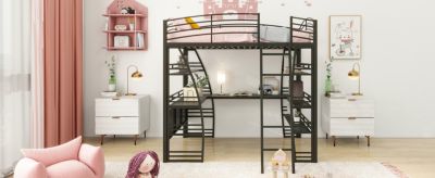 Streamdale Full Size Loft Bed with Shelves, L-Shaped Desk & Charging Ports
