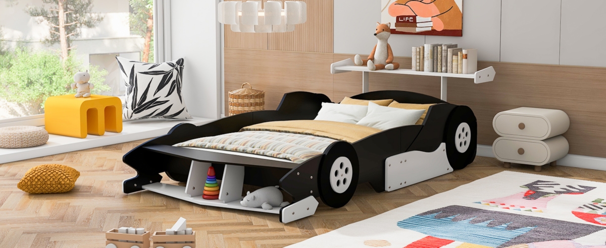 Simplie Fun Full Size Race Car-Shaped Platform Bed With Wheels