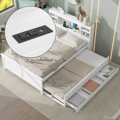 Twin Platform Bed with Storage, USB, Trundle, and Drawers