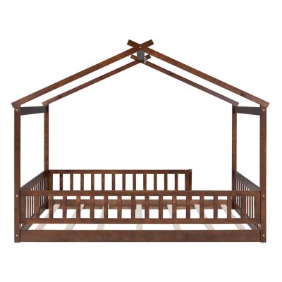 Streamdale Full Size Wood House Bed Frame with Fence, Natural