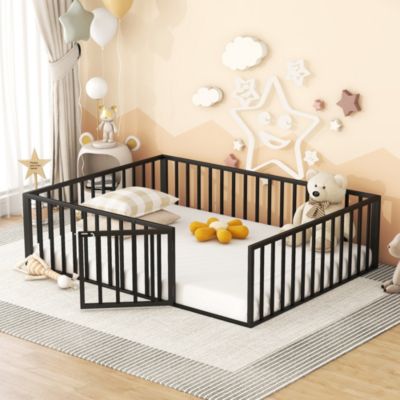 Queen Size Metal Floor Bed Frame With Fence And Door
