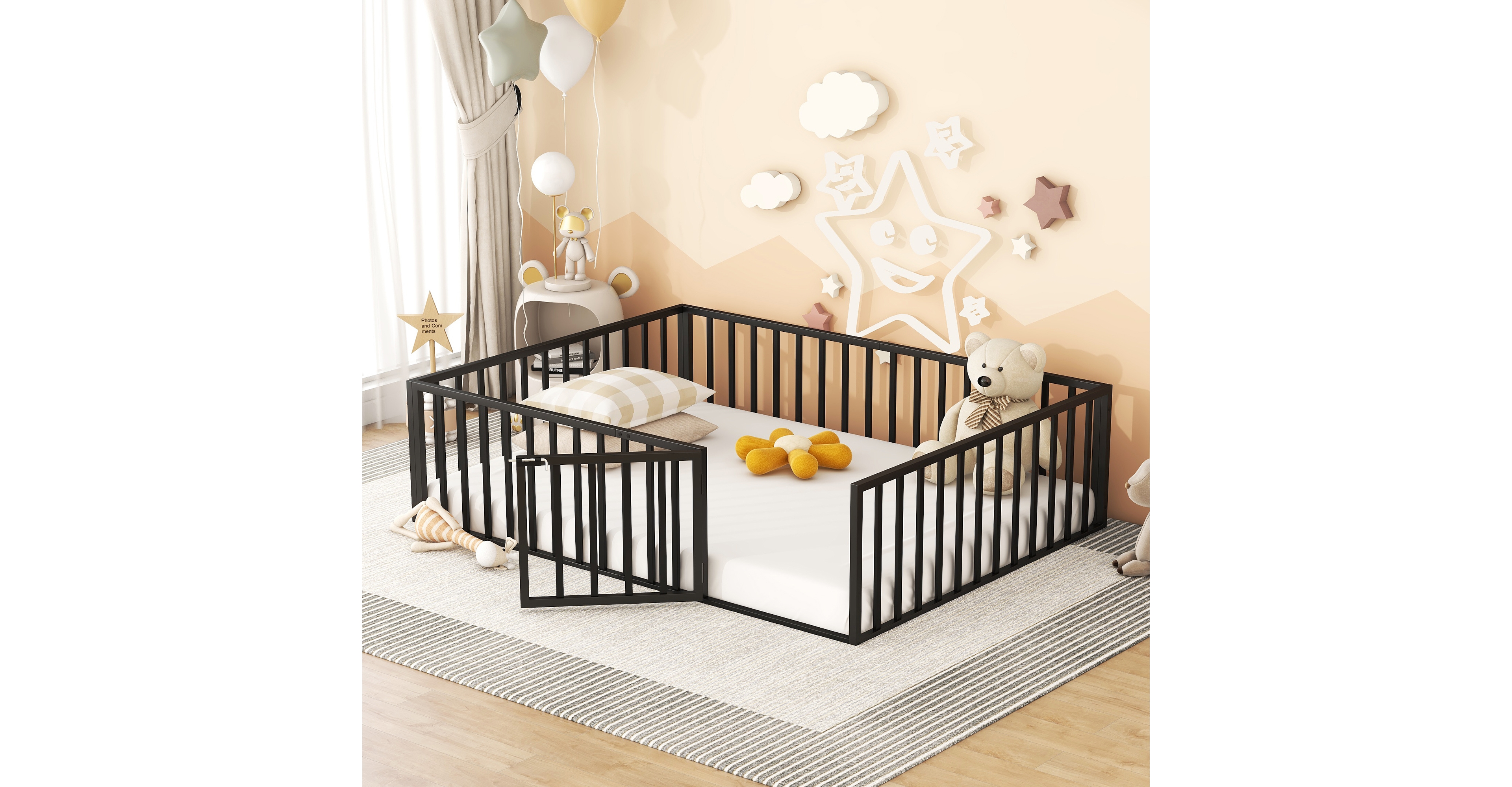 Queen Size Metal Floor Bed Frame With Fence And Door