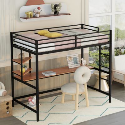 Twin Metal Loft Bed With Desk And Shelf bed Frames