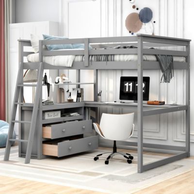 Streamdale Full Size Loft Bed With Desk And Shelves, Two Built-In Drawers