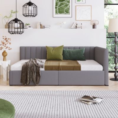 Twin Size Daybed with Storage Drawers, Gray Linen