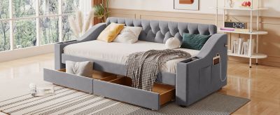 Twin Size Upholstered Daybed With Storage Armrests And USB Port