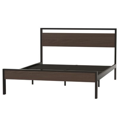 Ceres Metal Bed Black with Walnut Wood Headboard&Footboard Queen