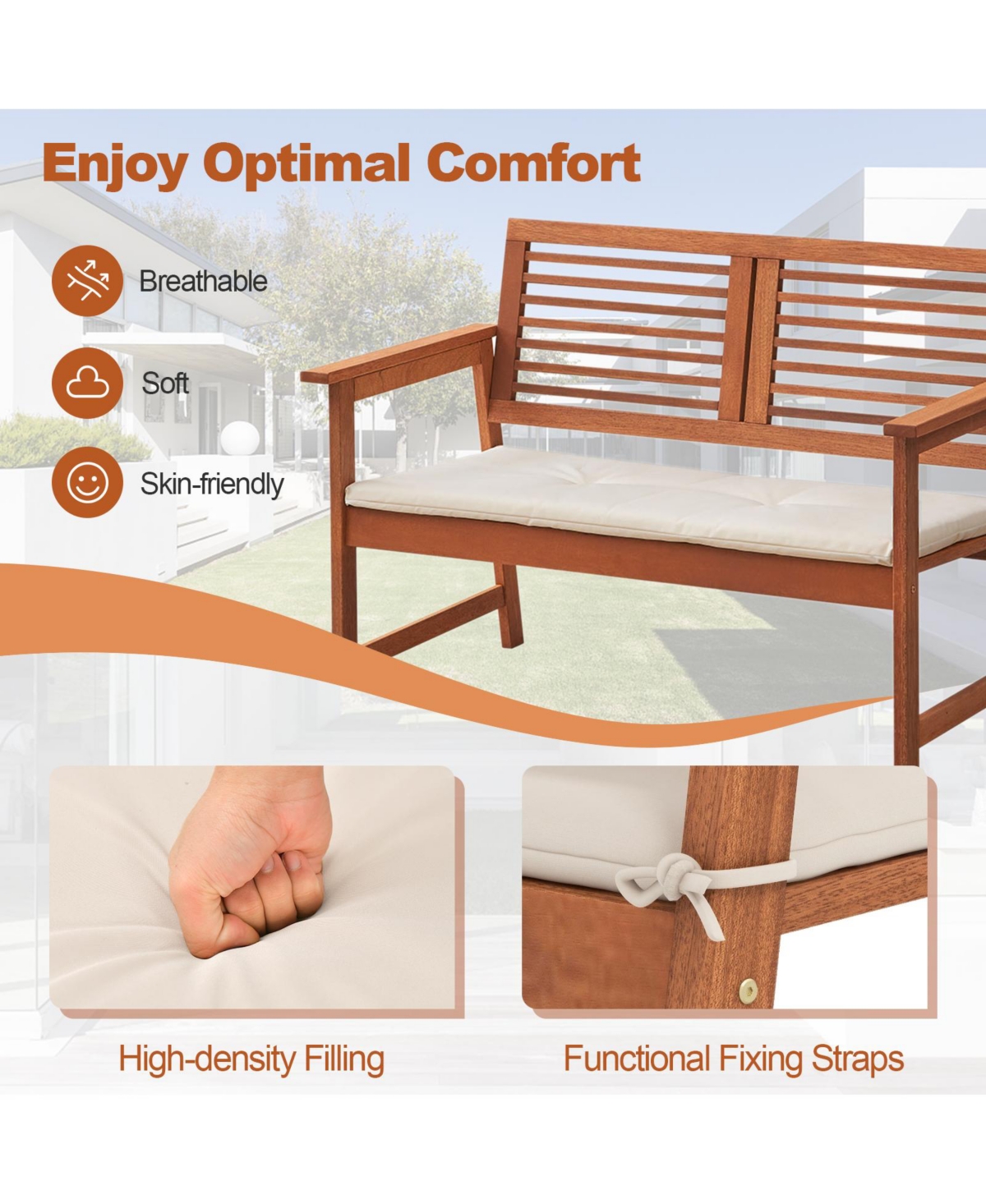 Slickblue 2-Person Solid Wood Patio Bench with Backrest and Cushion - Natural and Off White