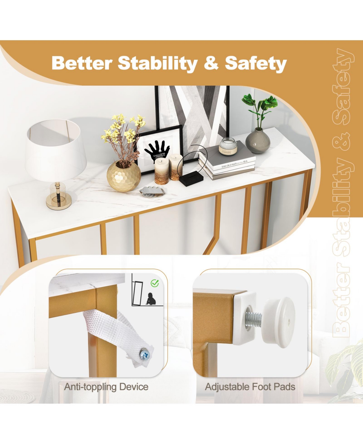 Slickblue Inch Modern White Entryway Table with Faux Marble Tabletop-White - White  Gold