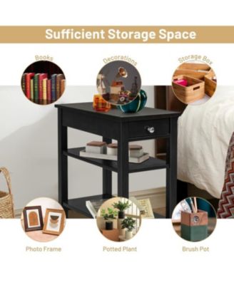 Side Table with Drawer and 2 Open Shelves, Compact End Table for Small Spaces