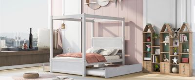 Streamdale Full Size Wood Canopy Bed with Trundle and Drawers