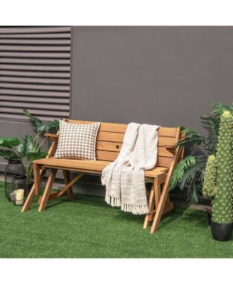 2-in-1 Transforming Interchangeable Wooden Picnic Table Bench with Umbrella Hole-Dark Brown