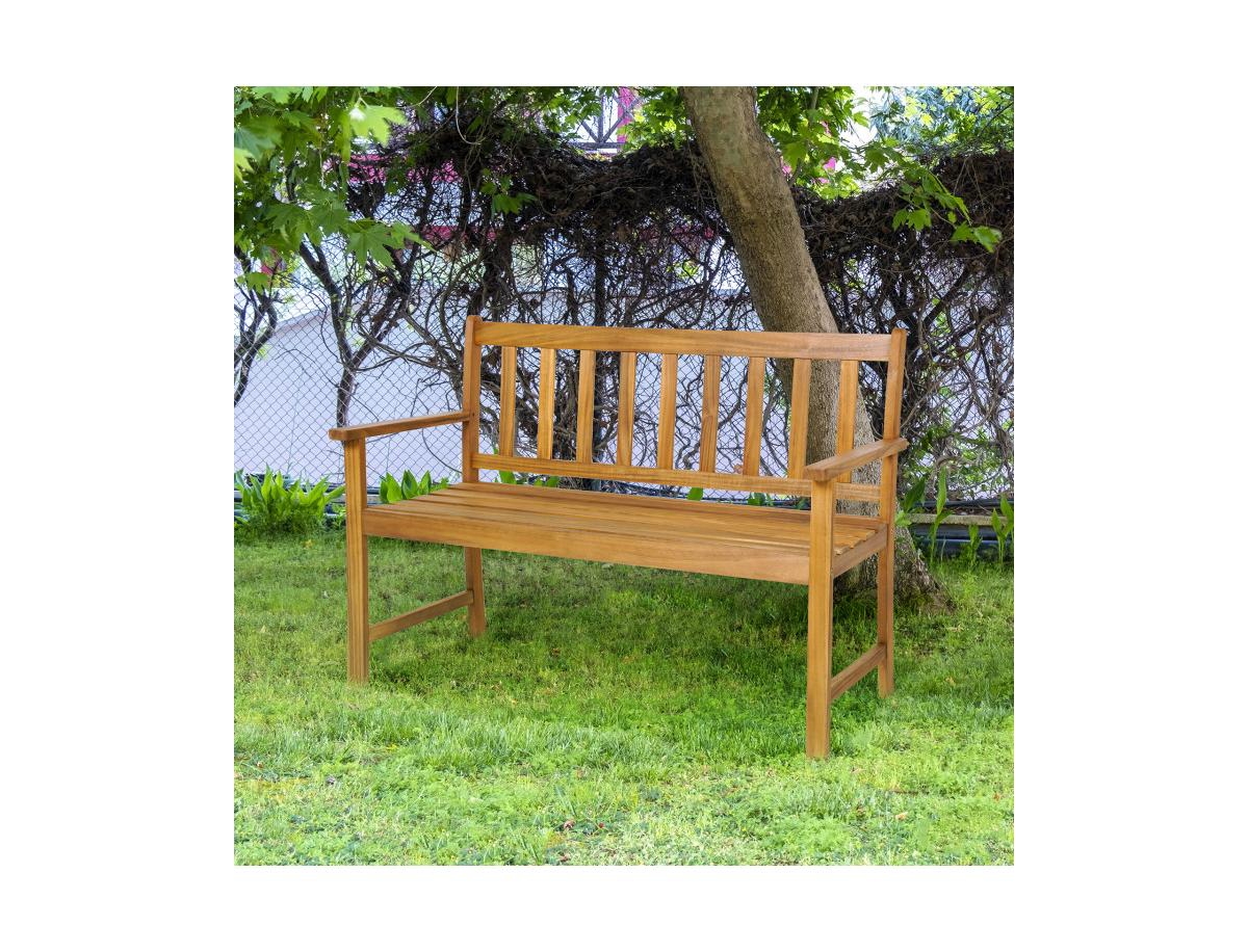 Slickblue 2-Person Patio Acacia Wood Bench with Backrest and Armrests