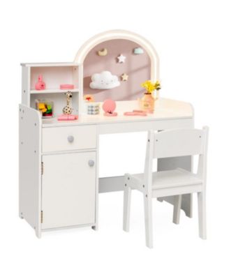 Kids Vanity Table and Chair Set with Shelves Drawer and Cabinet