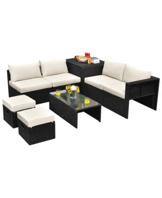 8PCS Patio Rattan Furniture Set Storage Table Ottoman
