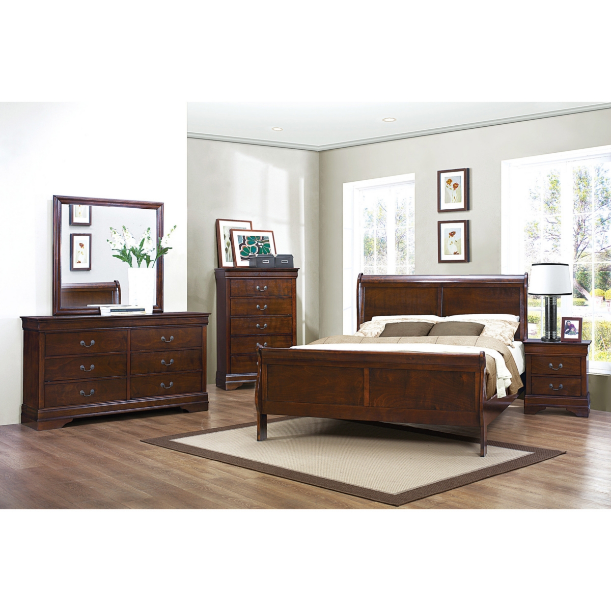 Streamdale Furniture Classic Louis Philipe Style BedCherry Finish 1 Piece Traditional Design Sleigh Bed - Brown