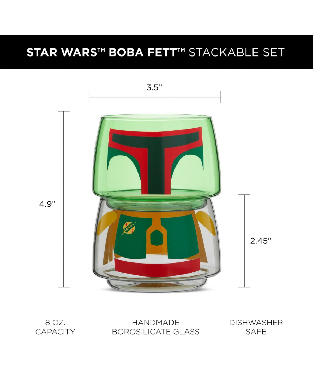 JOYJOLT STAR WARS STACKABLE CHARACTER COLLECTION BOBA FETT DRINKING GLASSES 