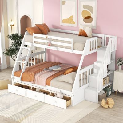 Twin-Over-Full Bunk Bed with Drawers, Ladder and Storage Staircase