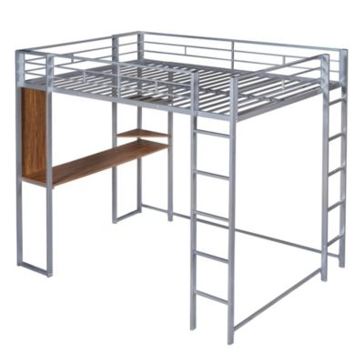 Full Size Metal Loft Bed With 2 Shelves And One Desk