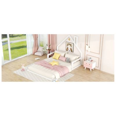  Full Size Wood Floor Bed With House-Shaped Headboard