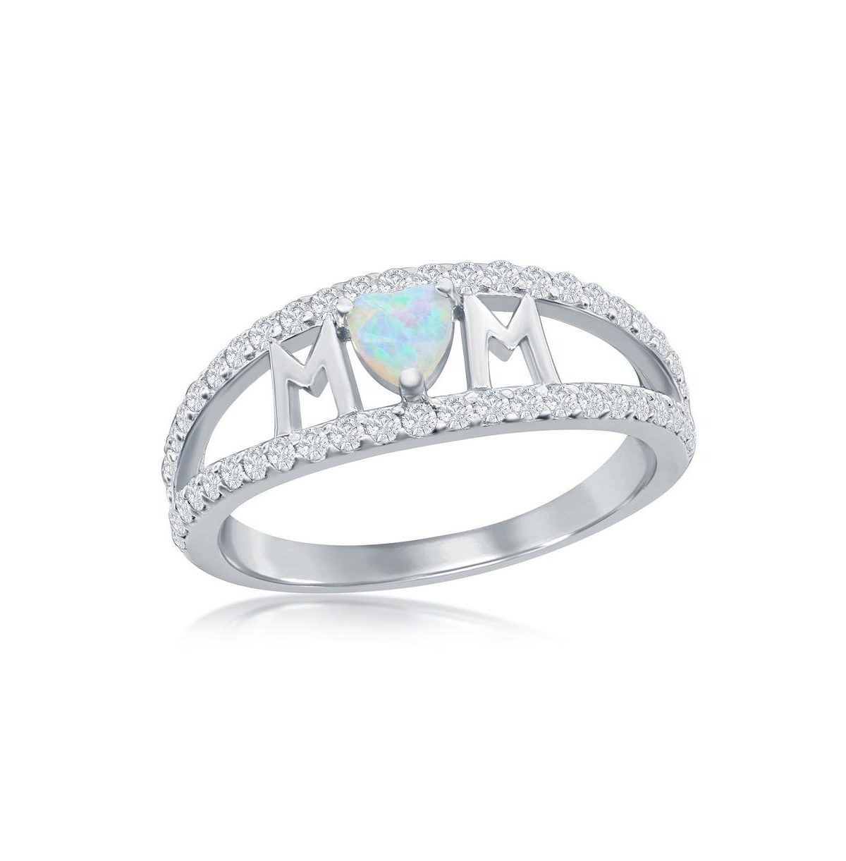 Sterling Silver Mom Opal heart & Cz Ring - White