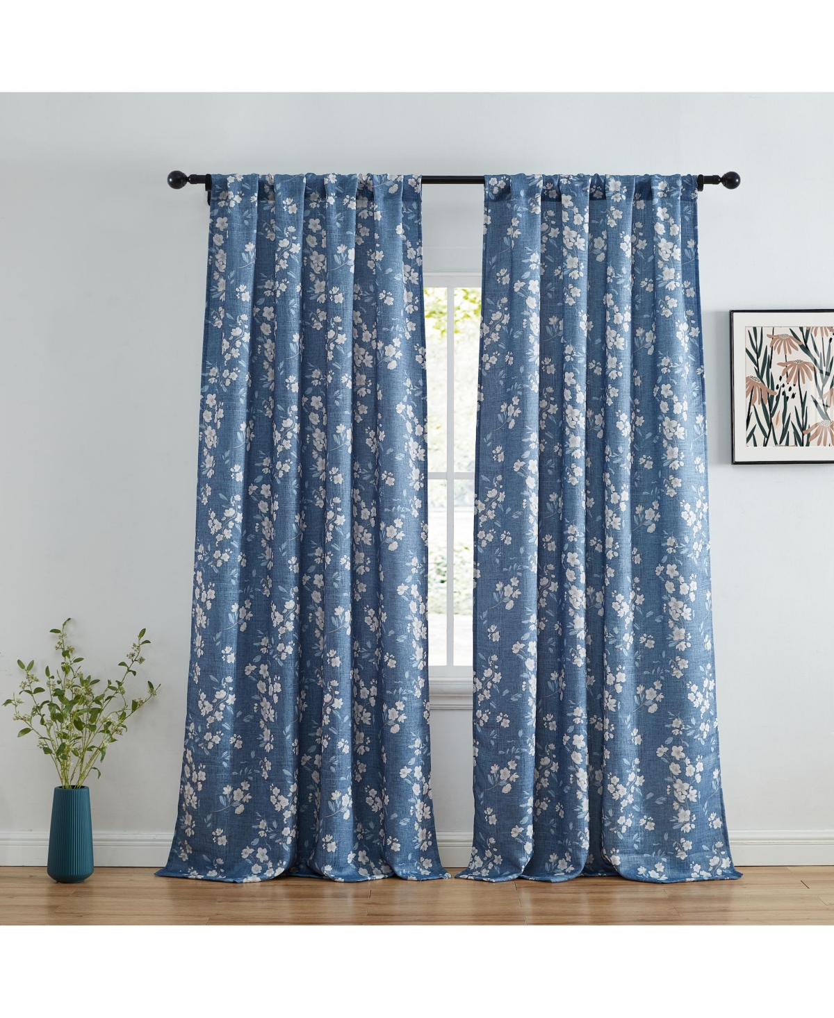 Ashley Floral Patterned Light Blocking Curtain Rod Pocket Pole Top Panels - Set of 2 - Blue