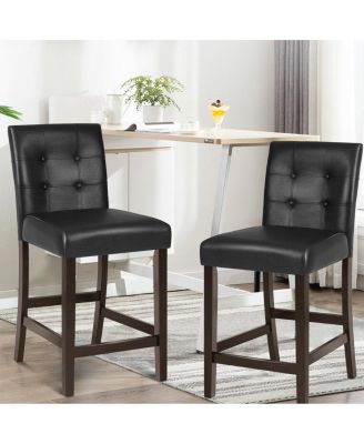 Set of 2 PVC Leather Bar Stools with Solid Wood Legs