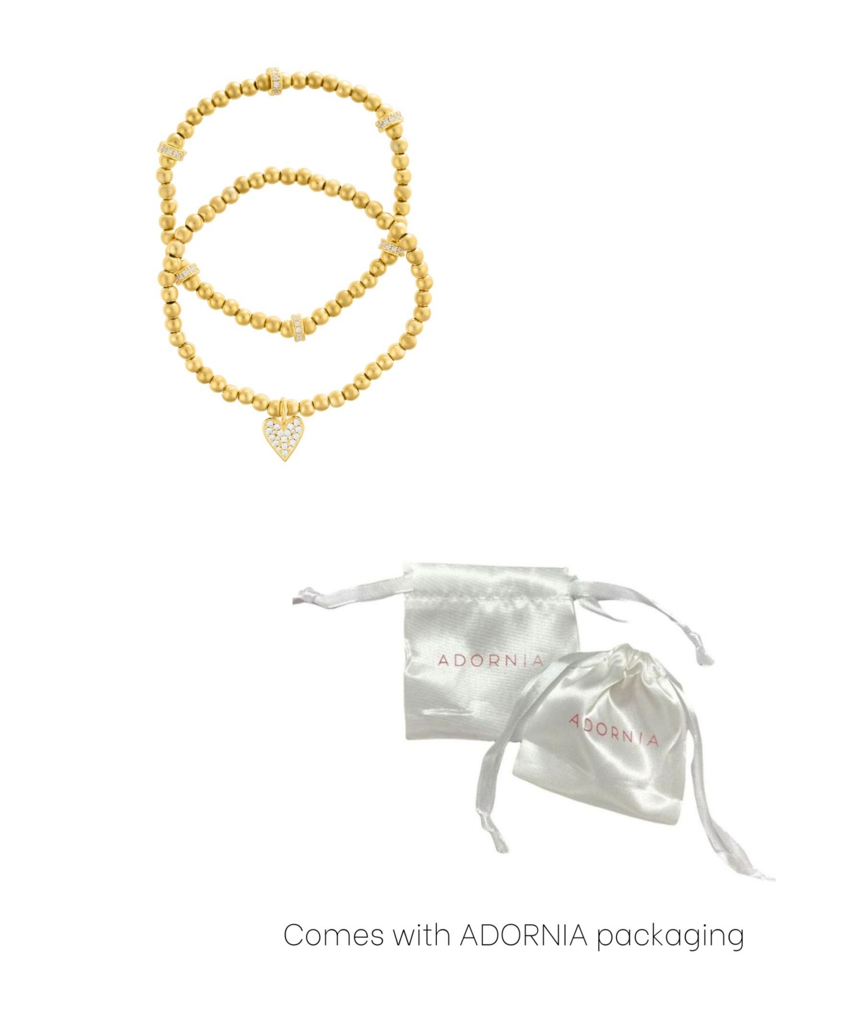 Adornia Gold Plated Pair Of Bead Bracelets With Crystal Heart In Gold