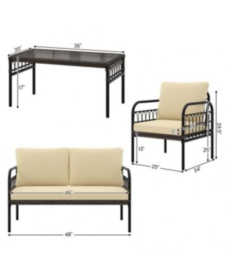 4 Pieces Outdoor Wicker Conversation Bistro Set with Soft Cushions and Tempered Glass Coffee Table