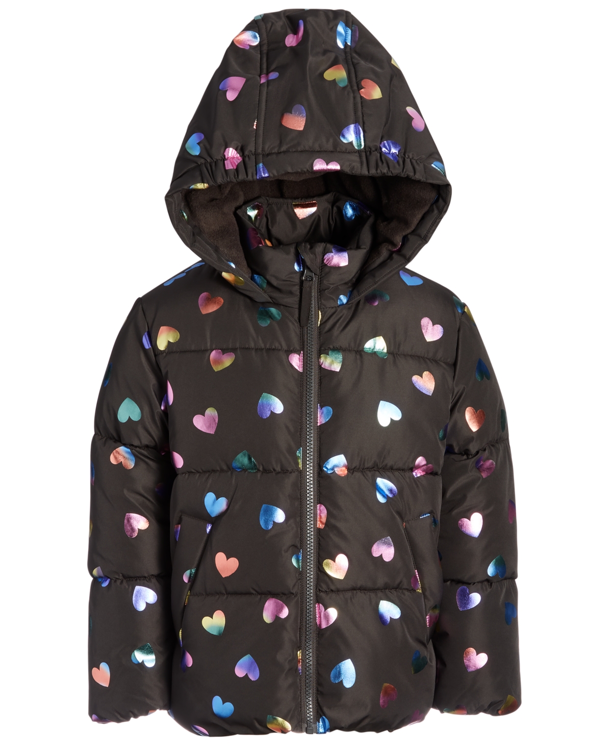 S Rothschild & Co Toddler & Little Girls Quilted Metallic Heart-Print Full-Zip Hooded Puffer Jacket