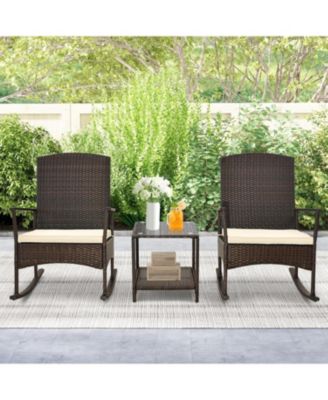 3 Piece Patio Rocking Set Wicker Rocking Chairs with 2-Tier Coffee Table