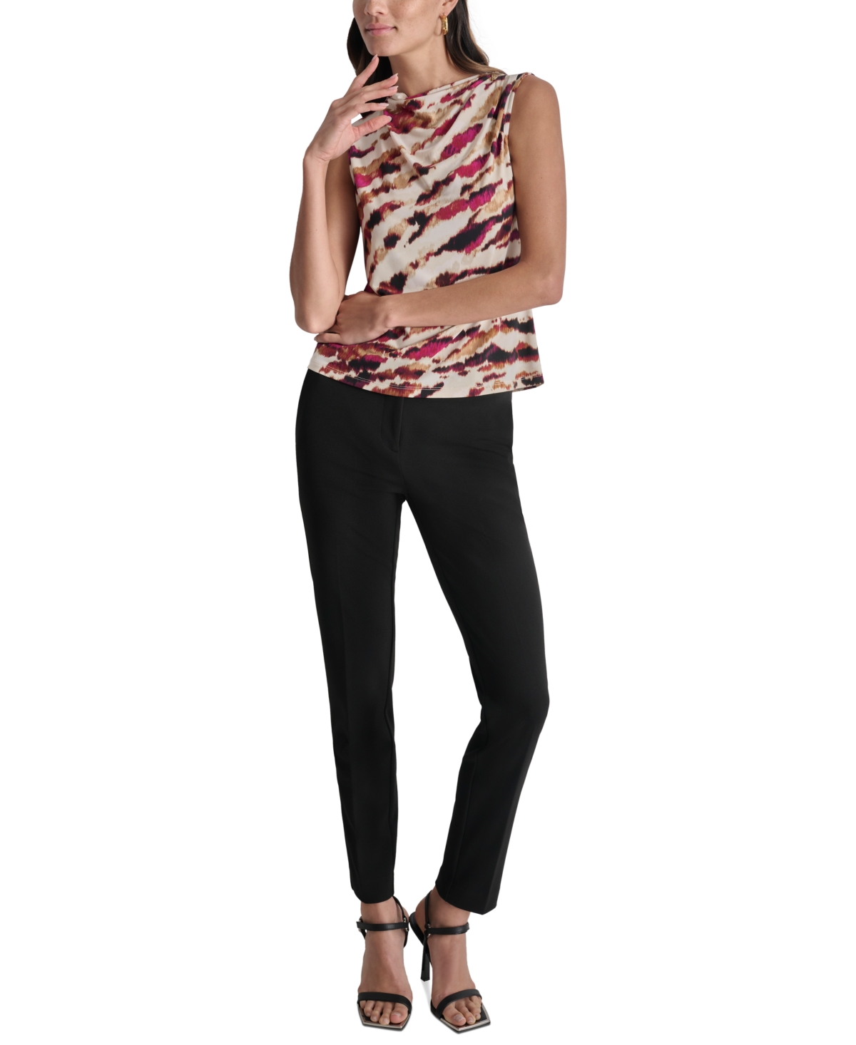 Dkny Petite Printed Draped-Neck Zipper-Shoulder Top