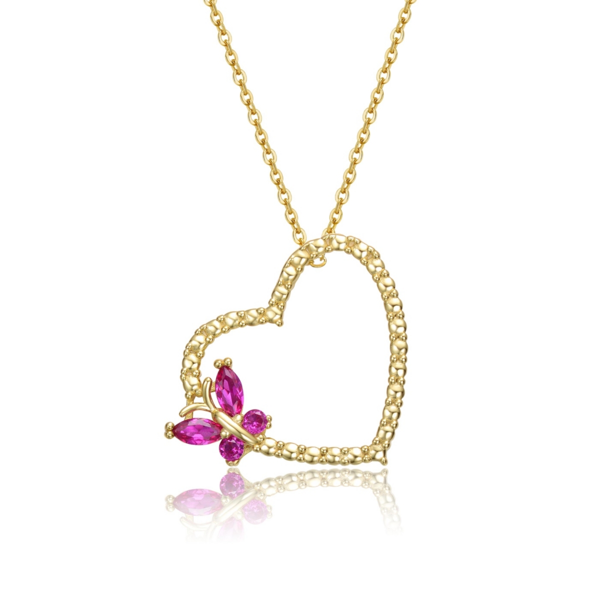 Sterling Silver with Butterfly Cubic Zirconia on Heart Shaped Pendant Necklace - Gold