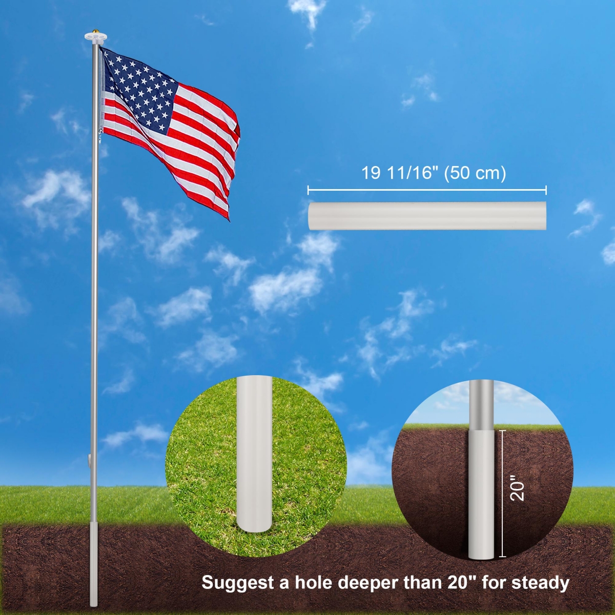 Yescom 30 Ft Sectional Aluminum Flag Pole Kit with 136 Led Solar Light Us Flag Garden
