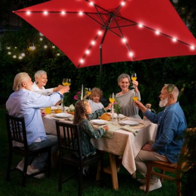 10x6.5FT Rectangle Outdoor Solar LED Patio Umbrella with Crank Tilt for Table Market Yard Deck Pool Party Red