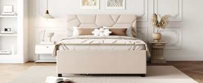 Linen Platform Bed with Brick Headboard & Trundle