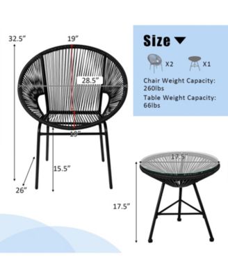 3PCS Patio Acapulco Furniture Bistro Set with GlassTable-Black