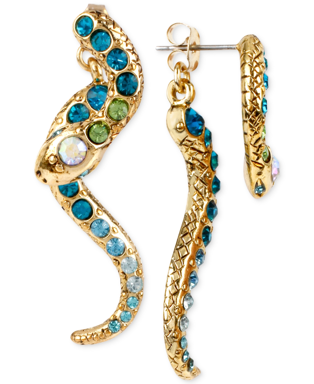 Gold-Tone Pave Crystal Snake Front and Back Earrings - Blue/Green