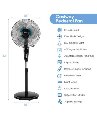 16'' Adjustable Oscillating Pedestal Fan Dual Blades w/Remote Control