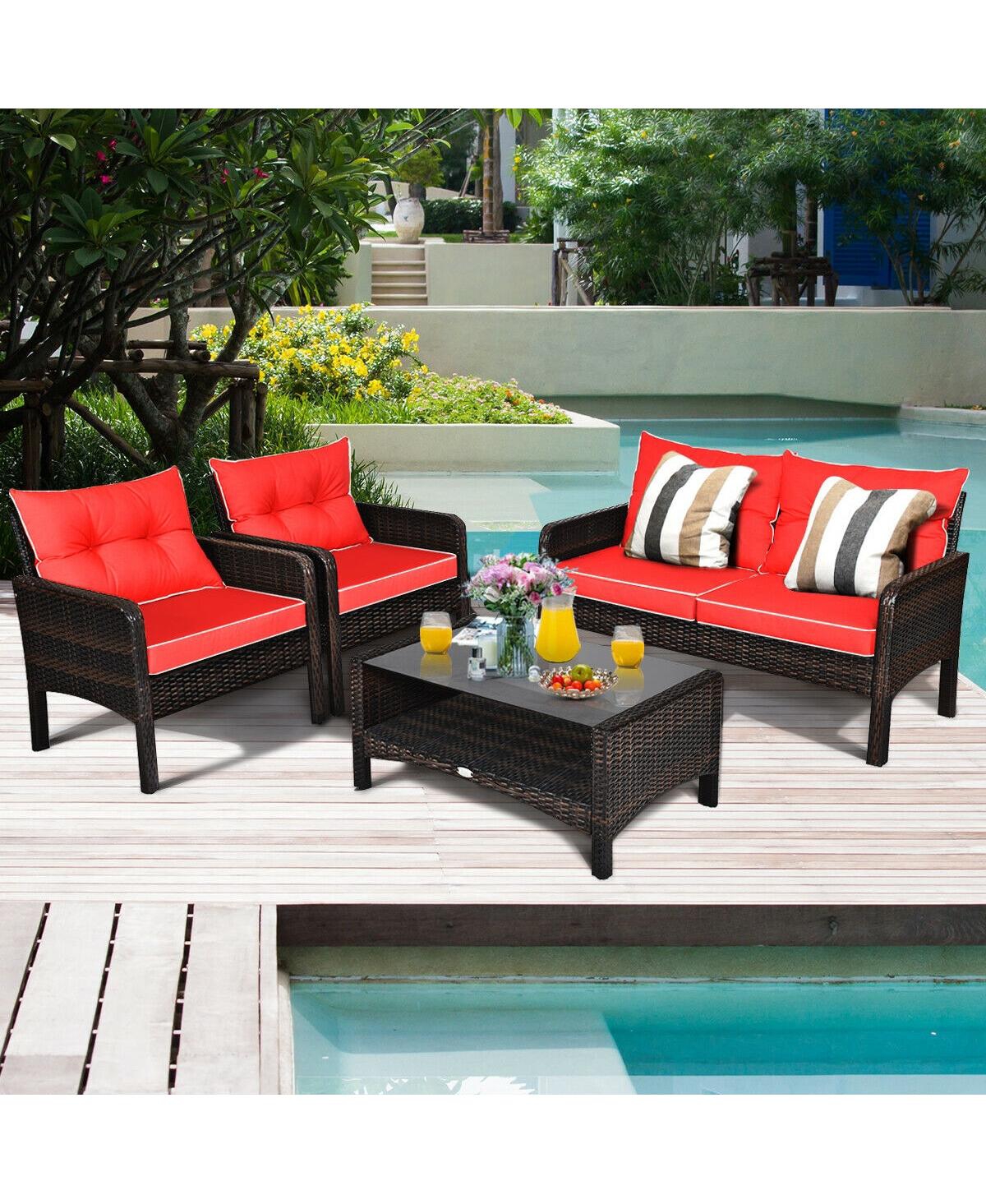 Vebreda 4 Pieces Outdoor Rattan Wicker Loveseat Furniture Set with Cushions