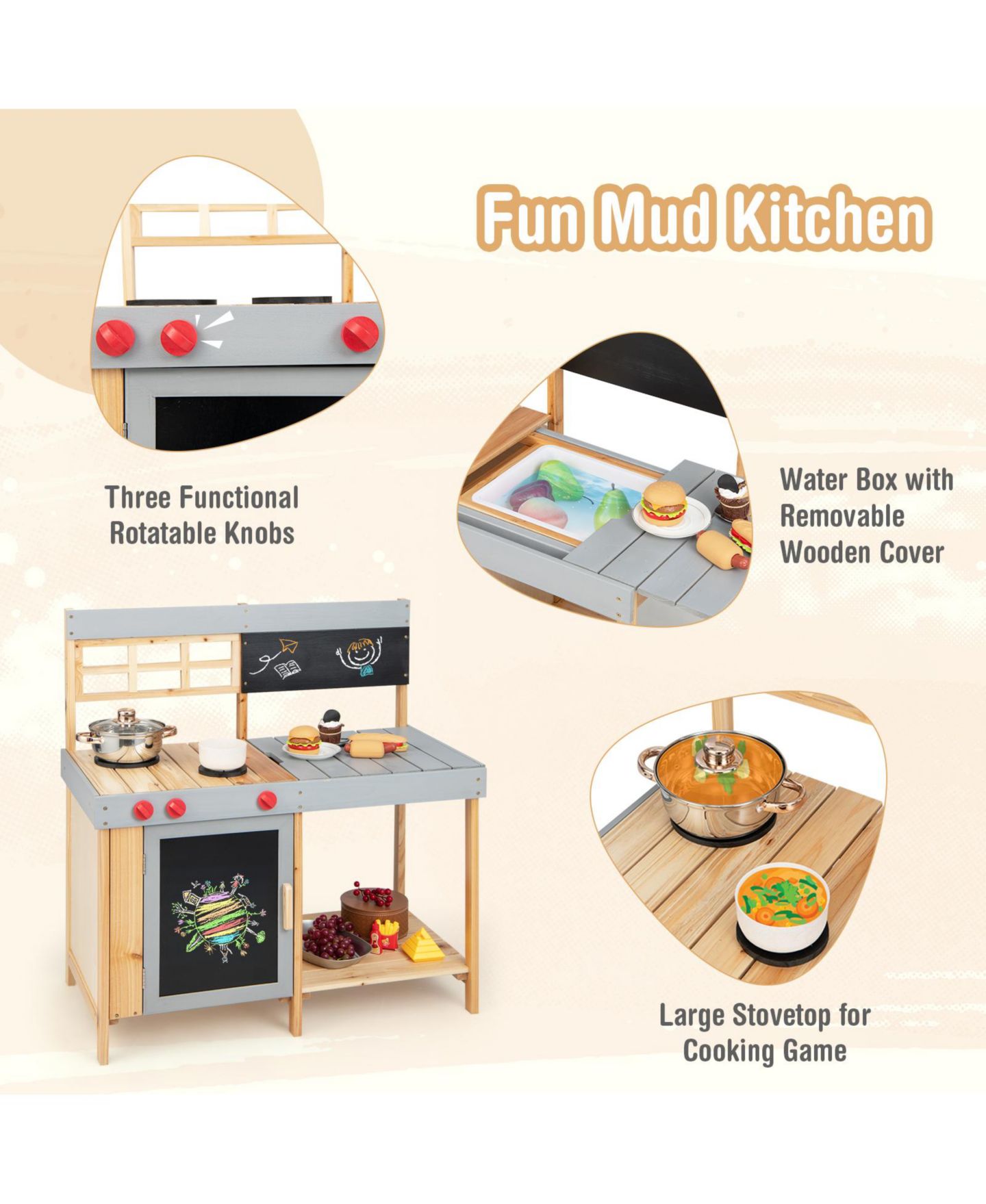 Детская игрушка INOLAIT Outdoor Mud Kitchen with Detachable Water Box, 1-Piece Playset, Ages 3+ — фото 3
