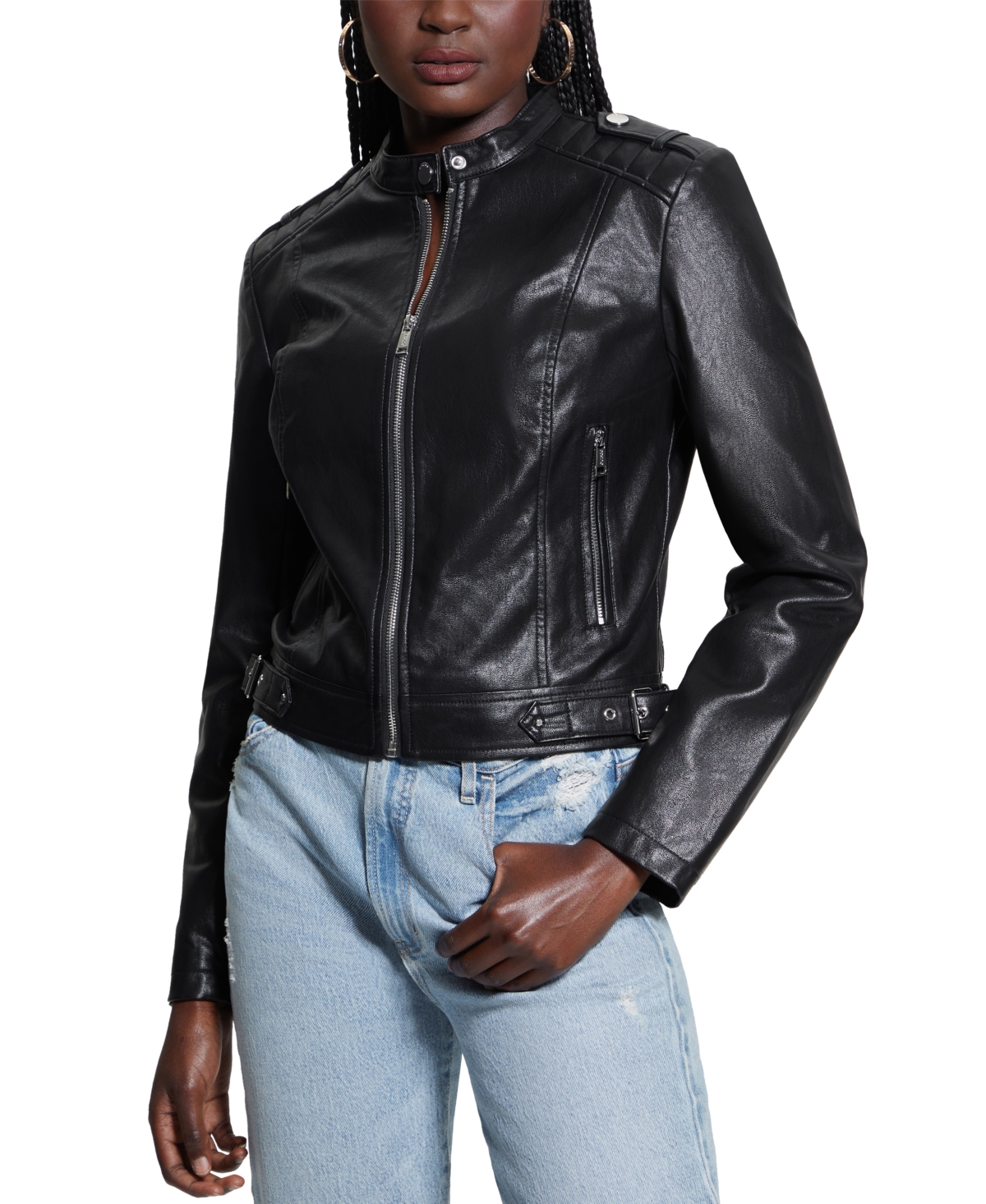 Women's Faux-Leather Moto Jacket with Snap Collar - Jet Black