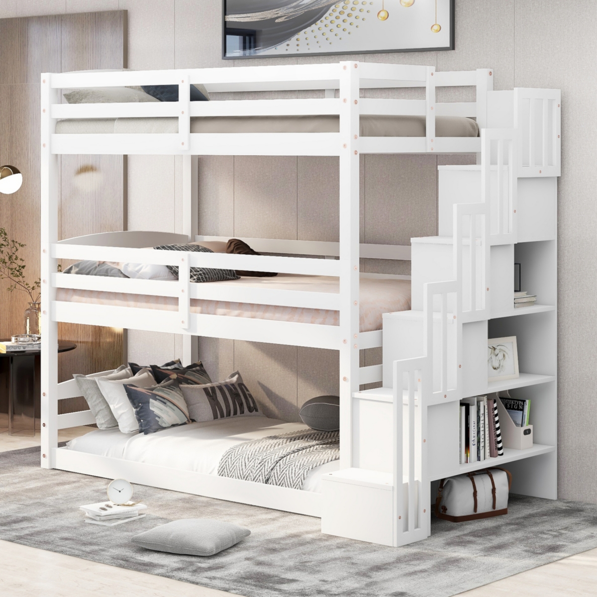 Streamdale Furniture Twin Size Triple Bunk Bed With Storage Staircase, Separate Design