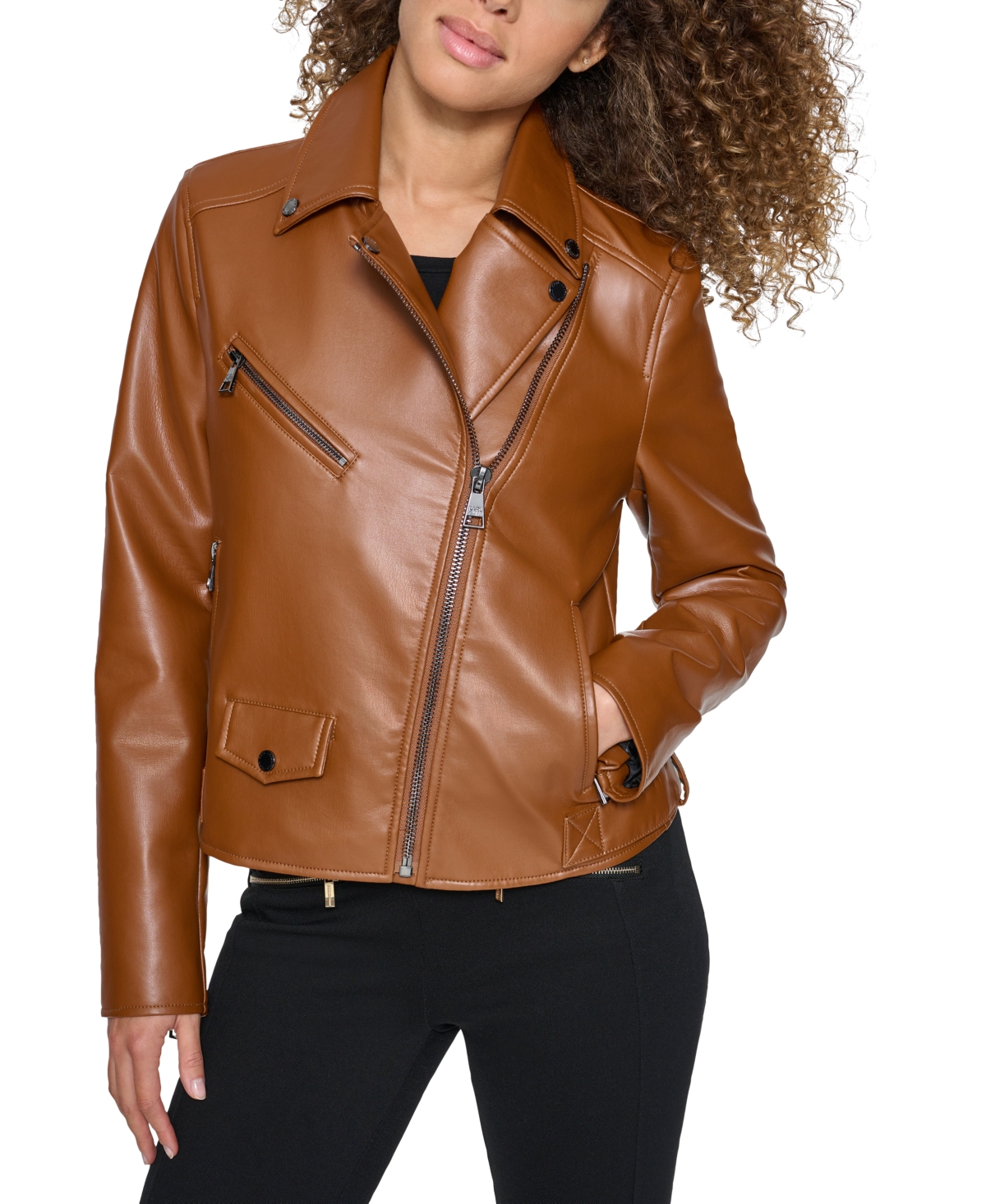 Women's Faux-Leather Asymmetric Moto Coat - Black