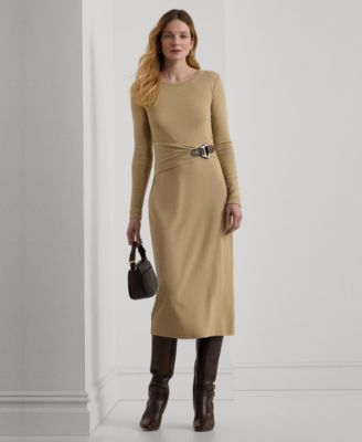 Lauren Ralph Lauren - Women's Buckle-Trim Cotton-Blend Knit Midi Dress