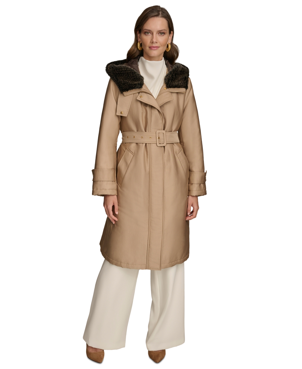 Donna Karan New York Women's Faux-Fur-Trim Hooded Raincoat