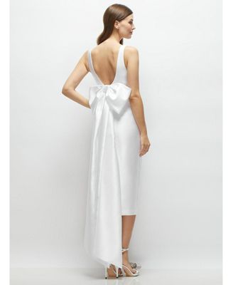 Women's Scoop Neck Corset Satin Midi Dress with Floor-Length Bow Tails